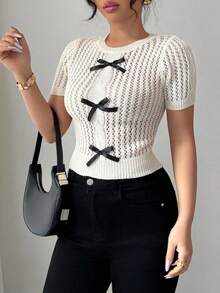 Selianne 女士镂空软绳针织套头衫，蝴蝶结，海滩风格 - 米色 - 查看 3