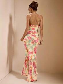 SHEIN BAE Váy Maxi thanh lịch, hở lưng, họa tiết hoa màu vàng/kem, xẻ tà cao, không tay, hở lưng, váy đi biển/nghỉ dưỡng, váy dạ hội dài chấm đất họa tiết hoa màu vàng - Vàng nhạt - Xem 2