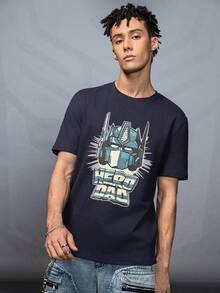 Transformers X SHEIN 男式字母与机器人图案圆领短袖T恤 - 藍色 - 查看 6