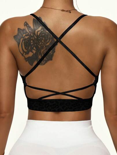Slay 1pc Leopard Print Criss Cross Racerback Yoga, Running Push Up Cheetah Sports BH view 2