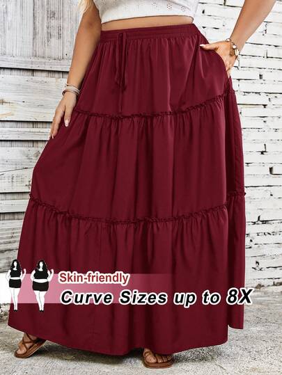 SHEIN CURVE+ 大码休闲纯色半身裙波西米亚风度假风