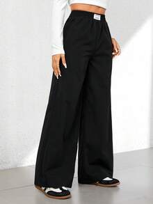 SHEIN PETITE 秋冬宽松休闲度假长袖黑色直筒长裤 - 黑色 - 查看 6