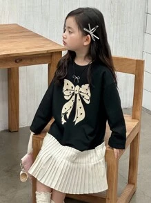 DAZY Young Girls Round Neck Bow Print Color Block Pleated Patchwork Korean Style Mid-Length Dress Fall/Winter - Black - View 5