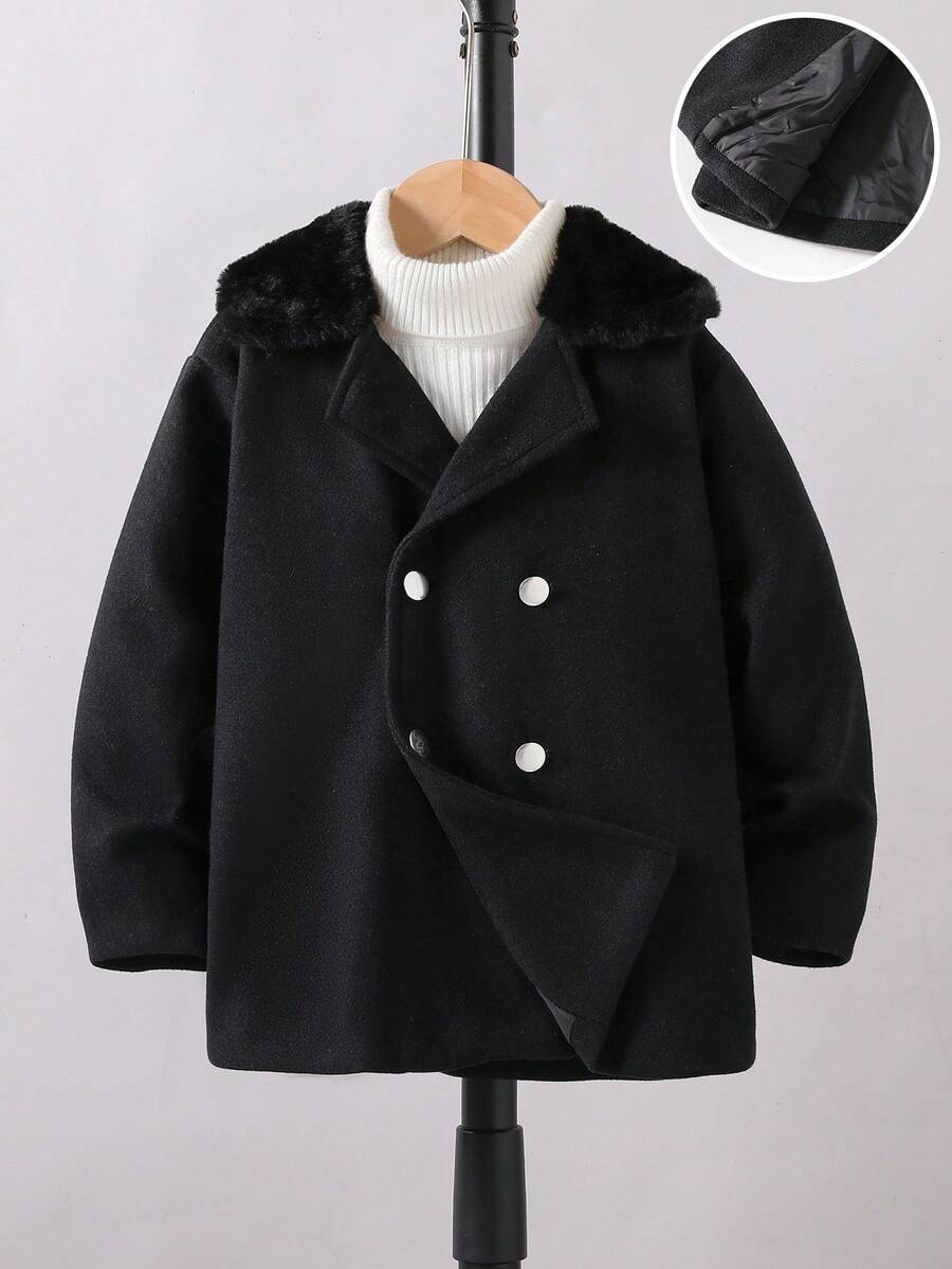 SHEIN Young Boy Fashionable Mid-Length Black Overcoat Fall Winter - Black - View 1