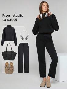 GLOWMODE Modal Silky Smooth Loose Stand-Up Half-Zip Collar Adjustable Drawstring Hem Long Sleeve Sweatshirt With Thumbholes Daily Casual  Spring Summer - Black - View 5