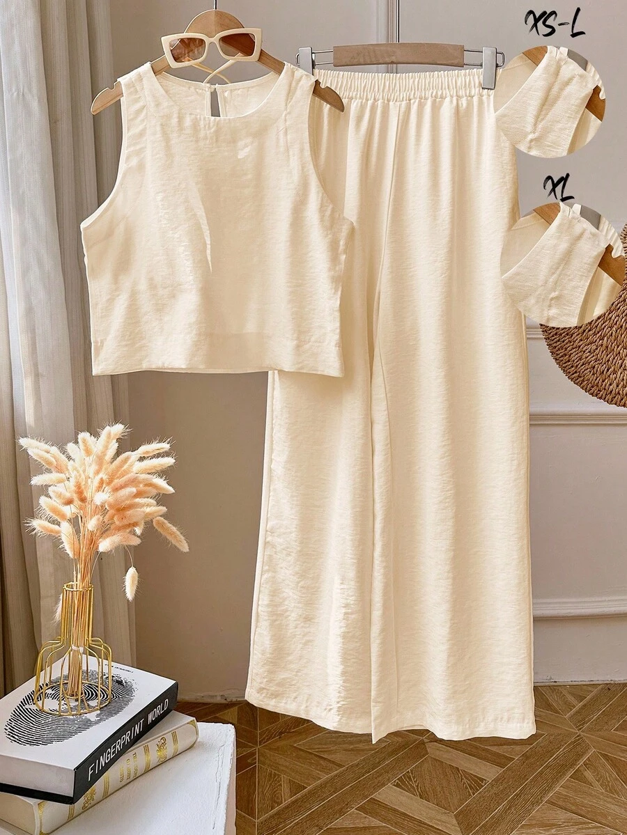 2pcs/Set Women Sleeveless Solid Color Tank Top & Pants Set, Back To School Clothes - Apricot - View 1