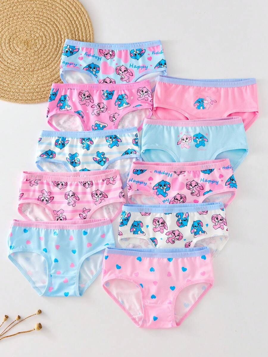SHEIN 10pcs/Set Young Girl' Cute Cartoon Animal Print Briefs Panties, Colorful Rabbit Design, Summer Cute Underwear Fall Winter