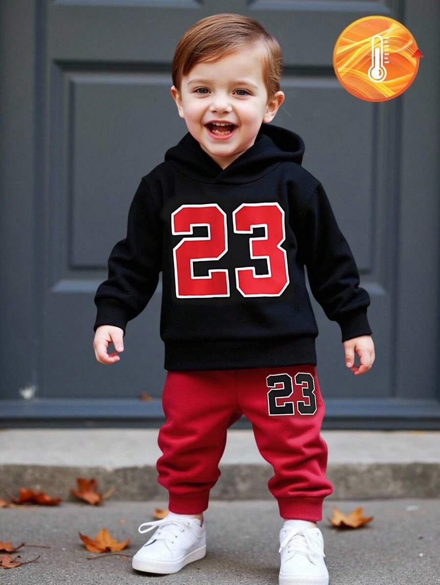 SHEIN Playful Pals Baby Boy Numeric Print Hoodie And Pants Set, Suitable For Infant Boys To Wear In Autumn, Spring And Winter Fall - Red - View 1