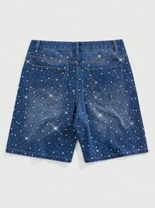 ROMWE MEN Street Life Men's Summer Fashion Rhinestone Letter Graphic Slant Pocket Denim Shorts