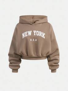 SHEIN 2pcs/Set Teen Girls Casual Letter Print Long Sleeve Crew Neck Sweatshirt And Sweatpants Set Teen 2 Piece Set Teen Girl Brown Set Teen Sweat Set New York Outfits Sweat Sets Tweens Comfy Fall Winter - Khaki - View 9