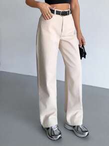 EURMUSE 100% Cotton High Waist Straight Leg Jean - Beige - View 5