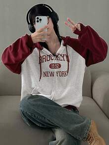 DAZY Women's Color Block Letter Reversible Zipper Hoodie Sweatshirt Fall/Winter