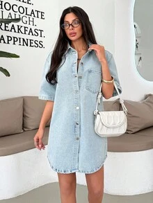 EURMUSE VÁY MINI TAY NGẮN CỤM PHÍA TRƯỚC CHO NỮ ÁO KHOÁC NHẸ MÀU TUYẾT - Rửa nhẹ - Xem 4