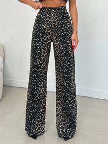 EURMUSE 100% Cotton MID RISE WIDEEG CUT LEOPARD JEAN - Multicolor - View 5