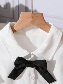 青春期女孩时尚复古白领衬衫，荷叶边袖设计，黑色蝴蝶结装饰，休闲校园风格 - 白色 - 查看 7