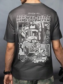 Transformers X SHEIN 男式字母与机器人图案圆领短袖T恤 - 灰色 - 查看 2