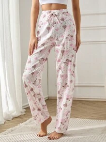 EURMUSE Women 2 Packs Cute Bear Pattern With Fake Drawstring Detail Homewear Lounge Bottom Set - Multicolor - View 5