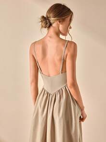CLARA VERO 吊带棉质 V 领露背长裙，优雅时尚长裙，适合夏季婚礼风格 - 米色 - 查看 2