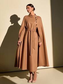 CLARA VERO Camel Wool Cape Overcoat For Women – Elegant Double-Breasted Winter Cloak With Belt, High Neck, And Button Details - Camel - View 7