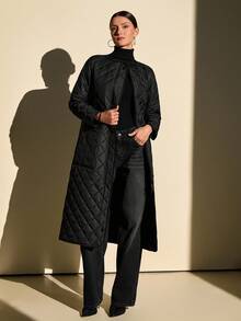 CLARA VERO Long Quilted Coat With Diamond Stitch Design, Crew Neckline, Front Snap Closures, Dual Patch Pockets, Timeless Urban Outerwear - Black - View 4