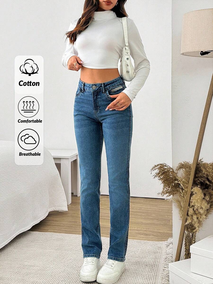 EURMUSE WOMEN SKINNY STRAIGHT HIGH WAIST JEANS ZIPPER DETAIL - Medium Wash - View 1