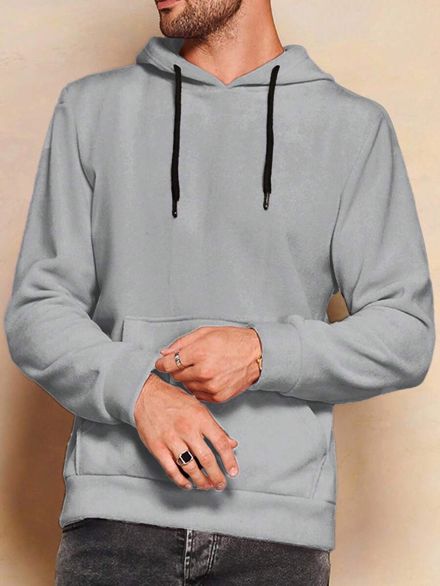 EURMUSE Herren Einfarbiger Kapuzenpullover mit Kordelzug, Herbst - Grau - Übersicht 1