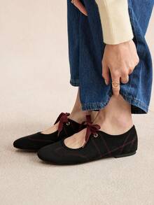 Women's New Black Round Toe Flat Shoes, Elastic Leather Fashion Ballet Flats, Comfortable Non-Slip Outsole Suitable For Outdoor, Daily Commute, Spring/Summer For Christmas - Black - View 4