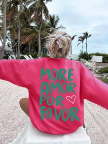 Flirla 印有“MORE AMOR POR FAVOR”标语的大码女式圆领运动衫 - 玫紅色 - 查看 3