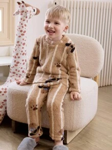 Young Boys Cute Cartoon Puppy Striped Fleece Print Long Sleeve Round Neck Pajama Sets Bear Pajamas Toddler Boy - Mocha Brown - View 3