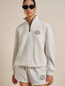 Airaco 女士休闲宽松长袖上衣和短裤两件套 - 淺灰色 - 查看 5