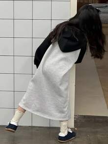 DAZY Váy dài vừa phải họa tiết khối màu phong cách Hàn Quốc cho bé gái mùa thu đông - Xám - Xem 4