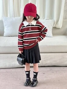 DAZY Young Girl Regular Turndown Collar Striped Korean Style Long Sleeve School Sweater Fall, Winter - Red - View 3