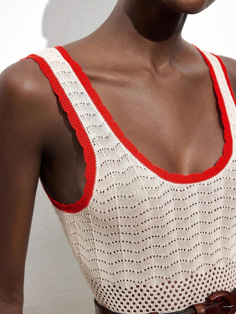 Maija 女士杏色针织撞色红色蕾丝边超大领无袖修身喇叭下摆连衣裙，柔软纱线，百搭休闲波西米亚风，适合音乐节、乡村、西部、波西米亚、优雅现代度假游牧休闲时尚等各种场合。百搭女士乡村音乐会服装、西部风格女装、游牧风格波西米亚高端优雅百搭乡村音乐会服装。秋冬季百搭舒适的毛衣，适合现代度假游牧休闲时尚。 - 杏色 - 查看 1