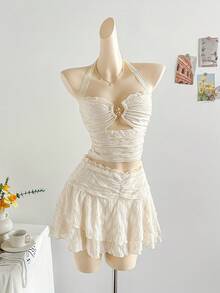 Soleia WYWH Women's Holiday Outfit, Cream White Textured Knit Fabric Lace Patchwork Halter Top & Tiered Lace Ruffle Mini Skirt Set, Suitable For Holiday, Date, Afternoon Tea, Beach Suit, Cruise, City Vacation, All Seasons, Music Festival, Boho Vacation, Can Be Worn Inside Or Outside Cream Two Piece Set Two Piece Skirt Set Summer Two Piece Set Summer Skirt Set - Beige - View 4