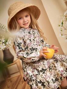 SHEIN Young Girl Floral Print Ruffle Hem Long Sleeve Dress - White - View 5