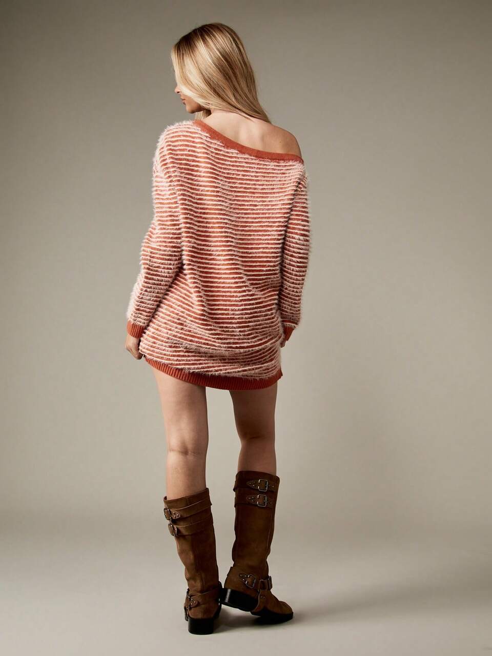 MISSGUIDED Winter Off Shoulder Sweater Dress Long Sleeve Mini Length Cozy Fuzzy Striped Knit Party Holiday Casual Loungewear Dress With Ribbed Trim