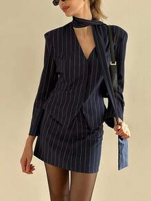 Siren Gaze New Autumn Exquisite Commuter Three-Piece Suit For Women, Navy Blue Stripes Old Money Style Commuter Wear, Office Siren Style, Exquisite And Elegant Suit (With Matching Silk Scarf) Blazer Skirt Set Winter Casual Spring - Blue - View 9
