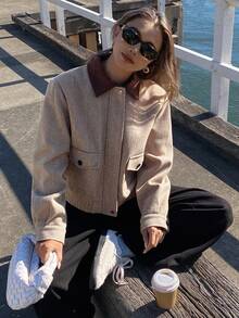 DAZY Damjacka med lapptäcke och kontrastfärgad krage, höst och vinter, damkappor