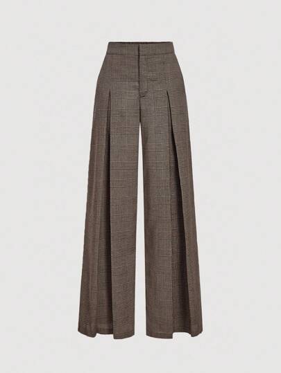 SHEIN MOD 时尚通勤格纹褶皱阔腿裤