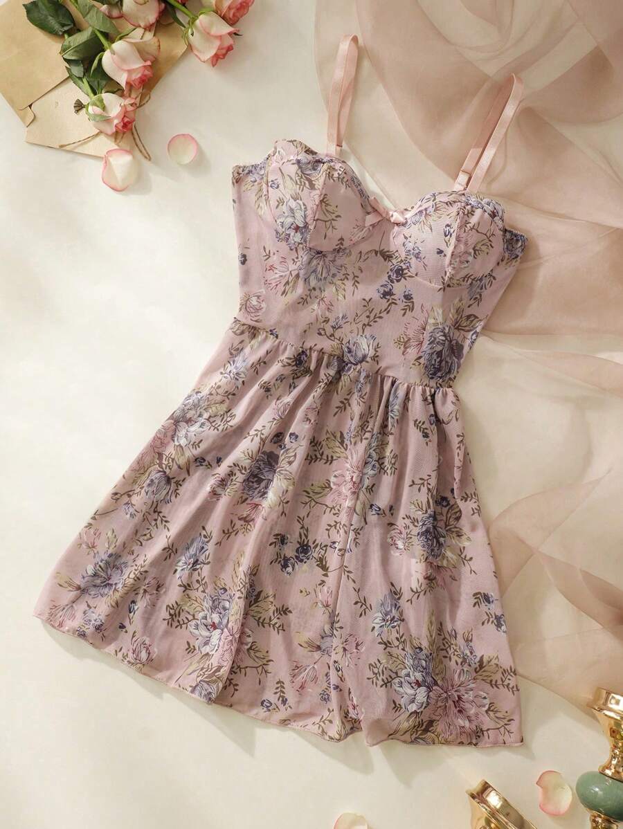 SHEIN 花卉印花蝴蝶结前网眼吊带睡衣 - 紫丁香色 - 查看 1