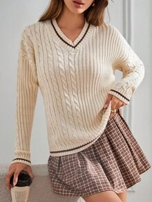 SHEIN Tall Tall Size Casual Frenchy Cable Knit Sweater,Jumper,Cream Jumper,Jumpers For Women,Jumpers,Black Jumper,Womens Jumper,White Jumper,Women's Jumper,Women's Jumpers,Winter Clothes - Apricot - View 4