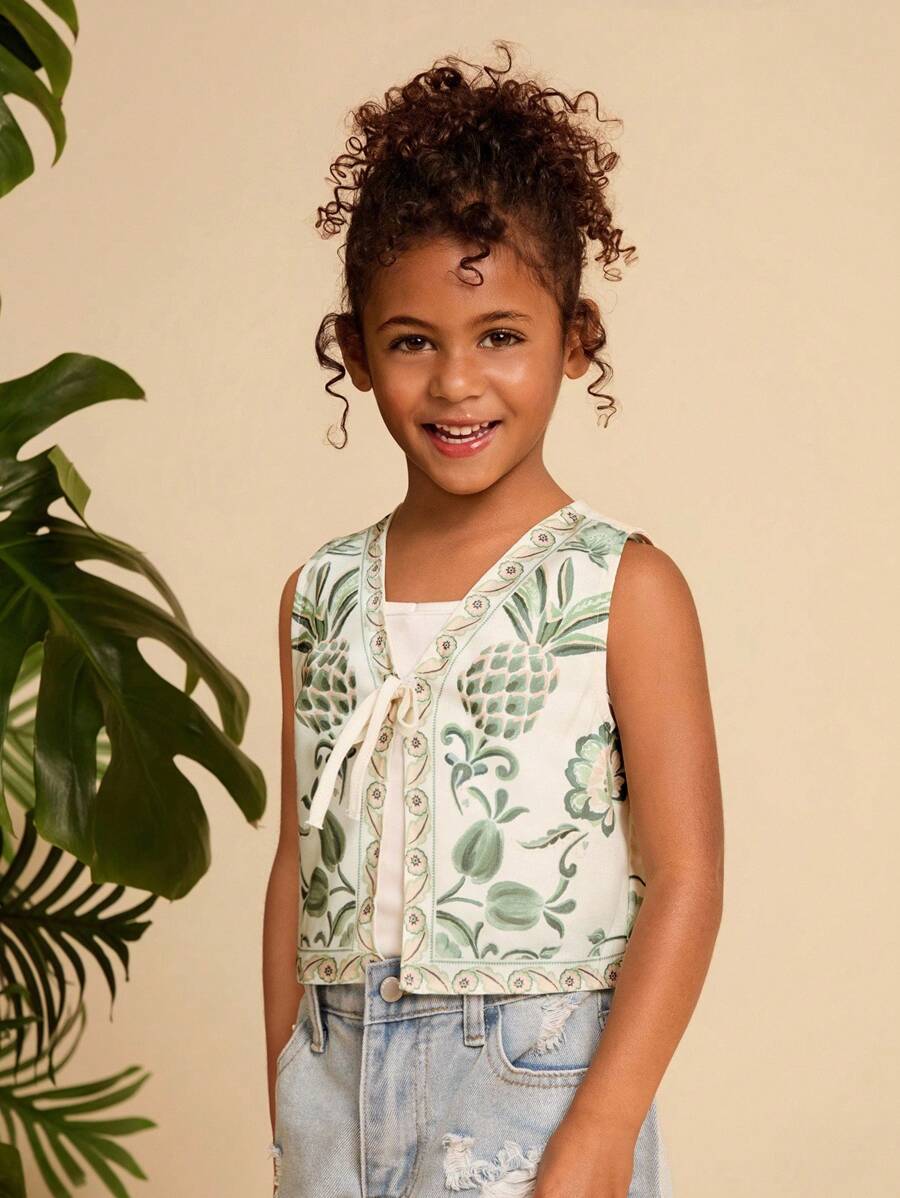 SHEIN 年轻女孩碎花 V 领休闲度假吊带背心 - 彩色 - 查看 1