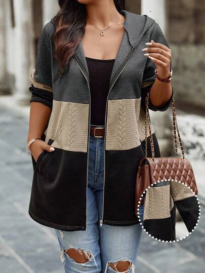 EMERY ROSE Plus Size Women's Contrast Color Long Sleeve Zipper Front Pocket Casual Hooded Jacket Winter Fall Autumn