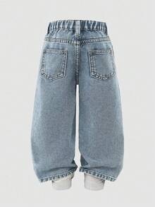 SHEIN Young Girls Y2K Casual Everyday Versatile Street Asymmetrical Waist Ripped Loose Wide Leg Straight All-Match Comfortable Jeans, 2025 New Essential, Suitable For Daily Wear, Hot Fall Winter - Medium Wash - View 2