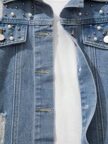 青少年女孩 Y2K 风格牛仔夹克和外套，秋冬新品，浅蓝色水洗做旧撕破串珠正面修身休闲牛仔夹克，适合青少年女孩