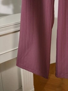 Modelyn 浪漫优雅时尚提花拼布雪纺花卉露肩长袖衬衫配裤子，加大码两件套 - 淡紫色 - 查看 6