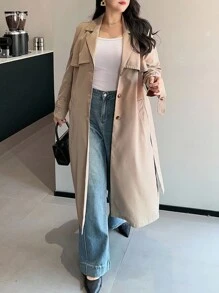 Dazy Plus Plus Size Women Solid Color Turndown Collar Loose Tie Sleeve Long Trench Coat, Autumn