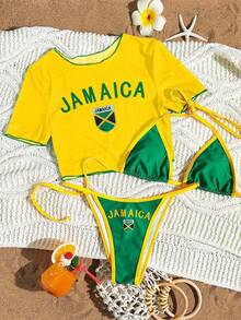 Swim Vcay Bộ đồ bơi bikini 3 món cho nữ mùa xuân, áo dây nhiều màu & quần Tanga kèm áo crop top tay ngắn cổ tròn, đồ bơi thể thao thường ngày, phong cách lễ hội Boho - Nhiều màu - Xem 1