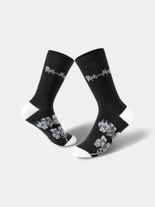 Rick and Morty X SHEIN 1 Pair Cartoon Figure Pattern Colorblock Crew Socks - Black and White - View 4