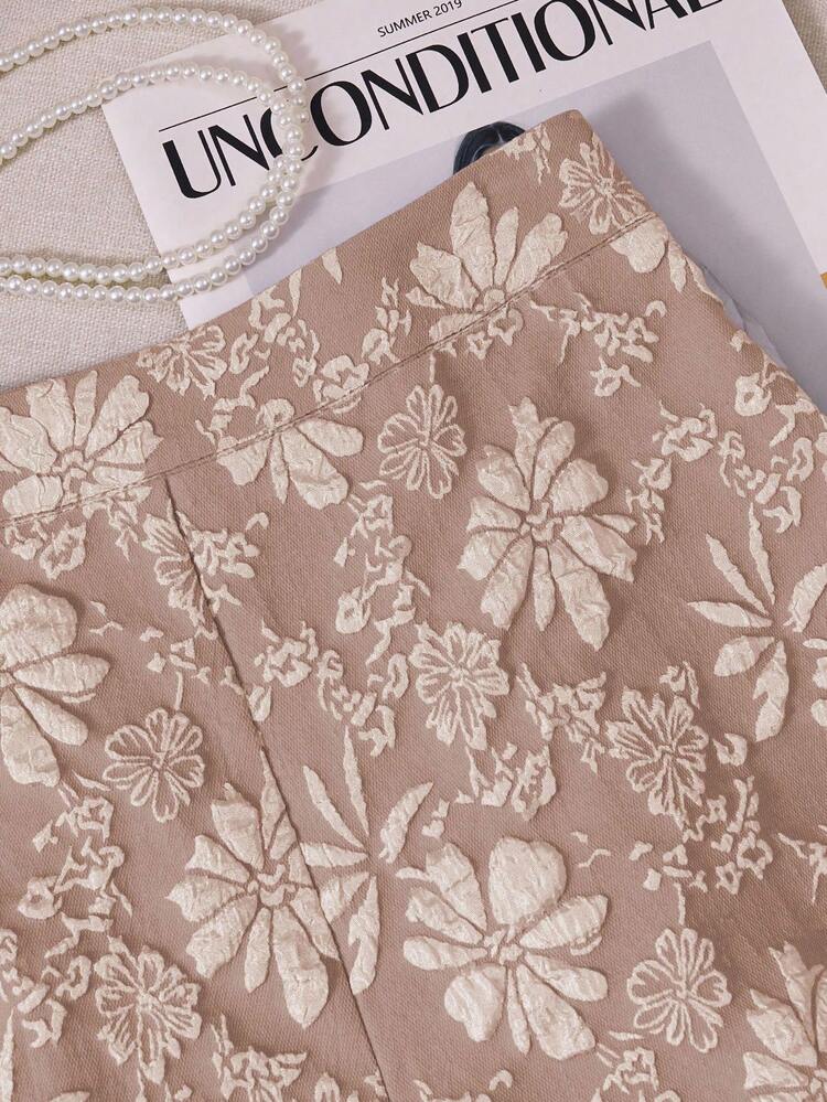 SHEIN LUNE Shorts de cintura alta estampado jacquard elegantes para mujer, de verano - Caqui - Añade 4